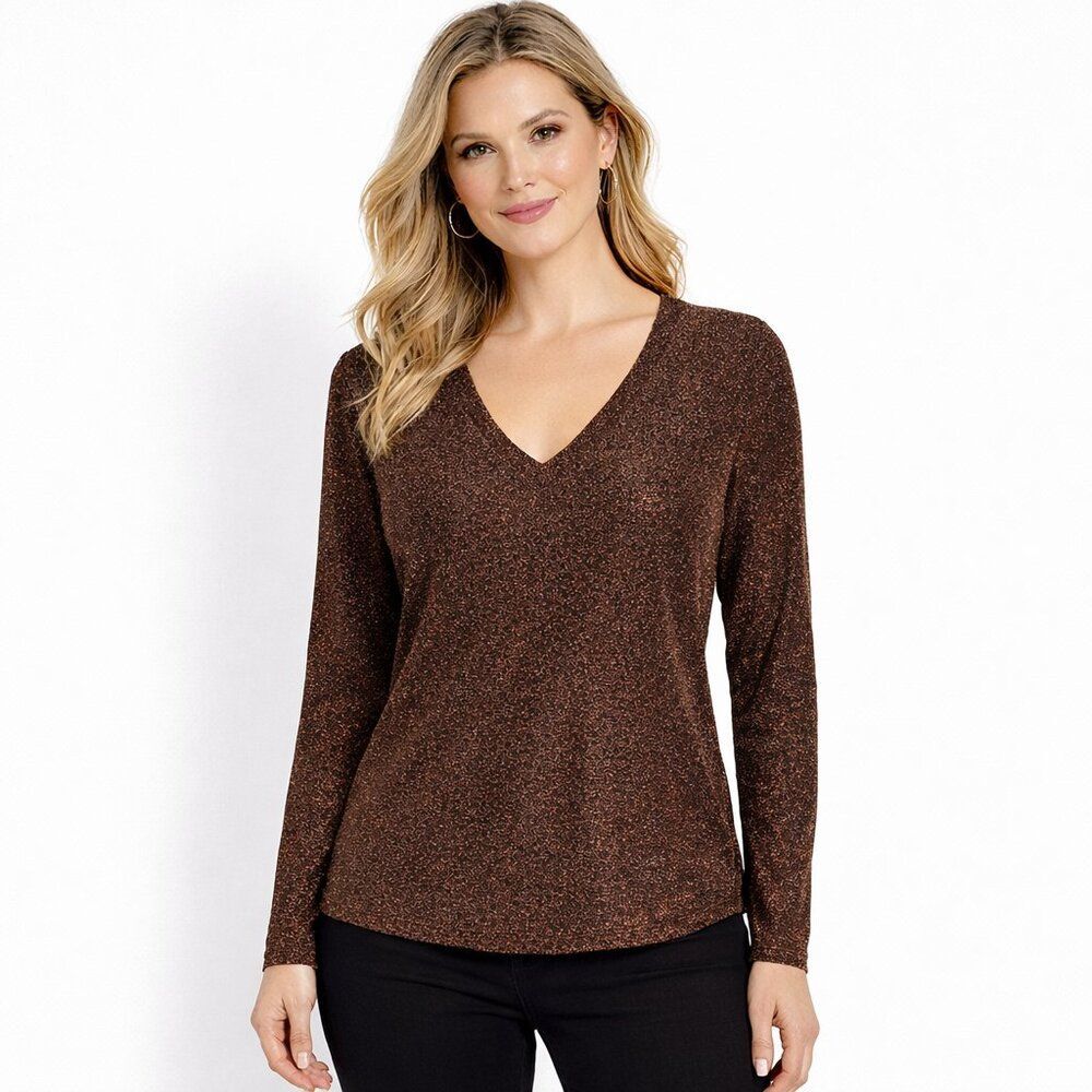 WHBM Sparkle Knit Tee Shirt Top Antique Bronze Long Sleeve